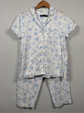 Lauren Ralph Lauren Short Sleeve Button Up Blue Floral Cropped Pajama Set Sz M